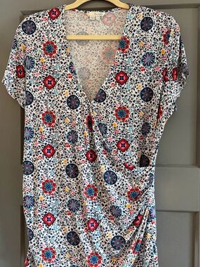 Boden White Faux-Wrap Tunic with Red & Blue Floral Medallions
